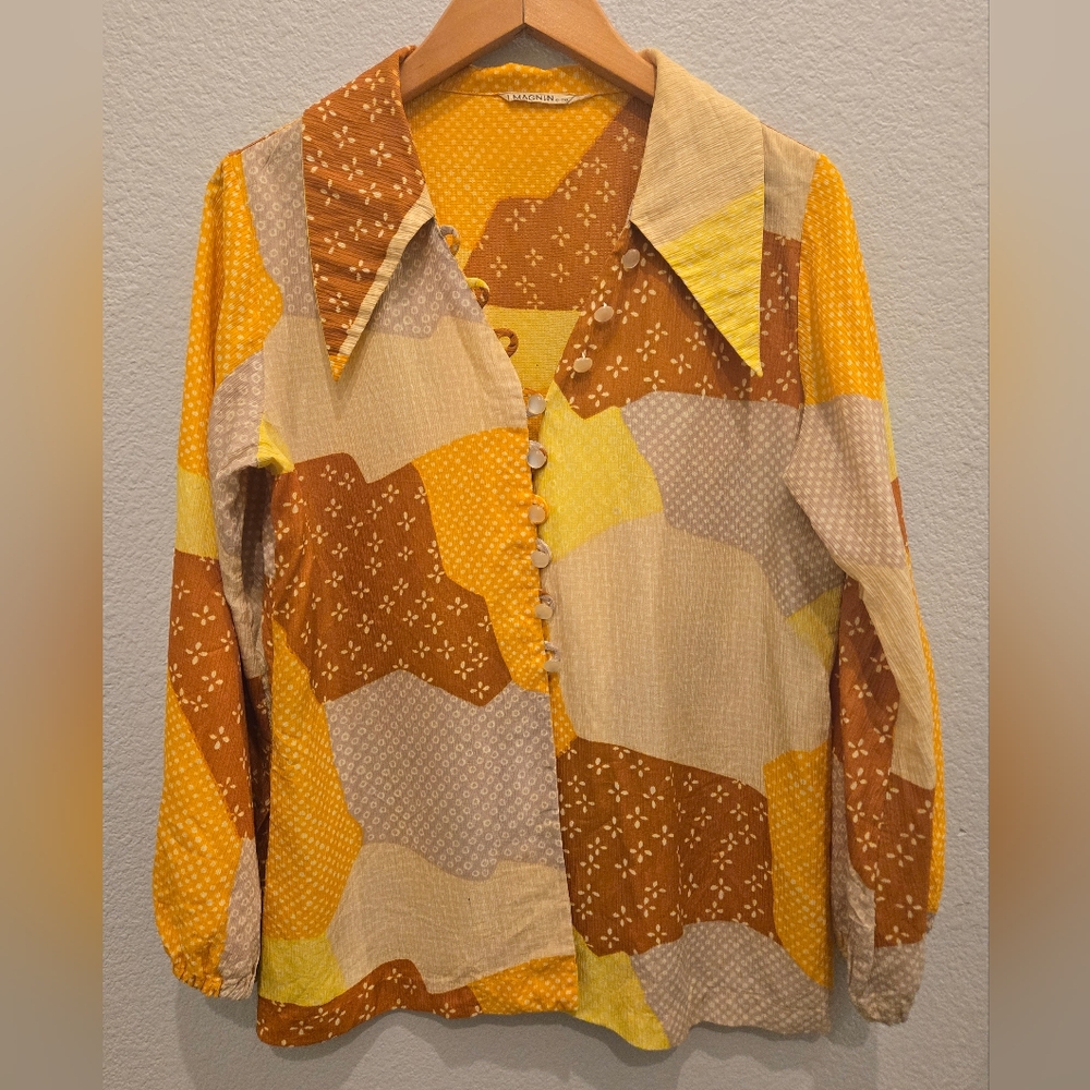 Vintage I.Magnin Patchwork Design Button-Up Blous… - image 1